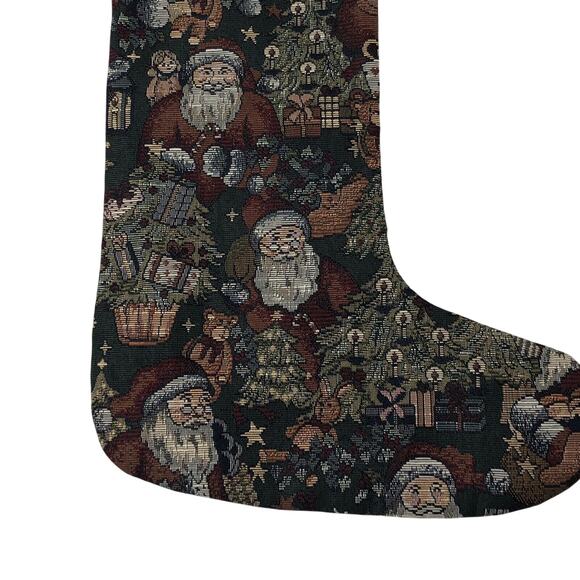 Tapestry Christmas Stocking Santa Claus & Trees Crocheted Edge Forest Green Red - Picture 8 of 9